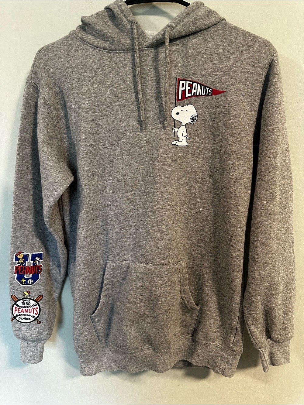 Peanuts Gray Snoopy Pullover Hoodie with Sleeve Patches